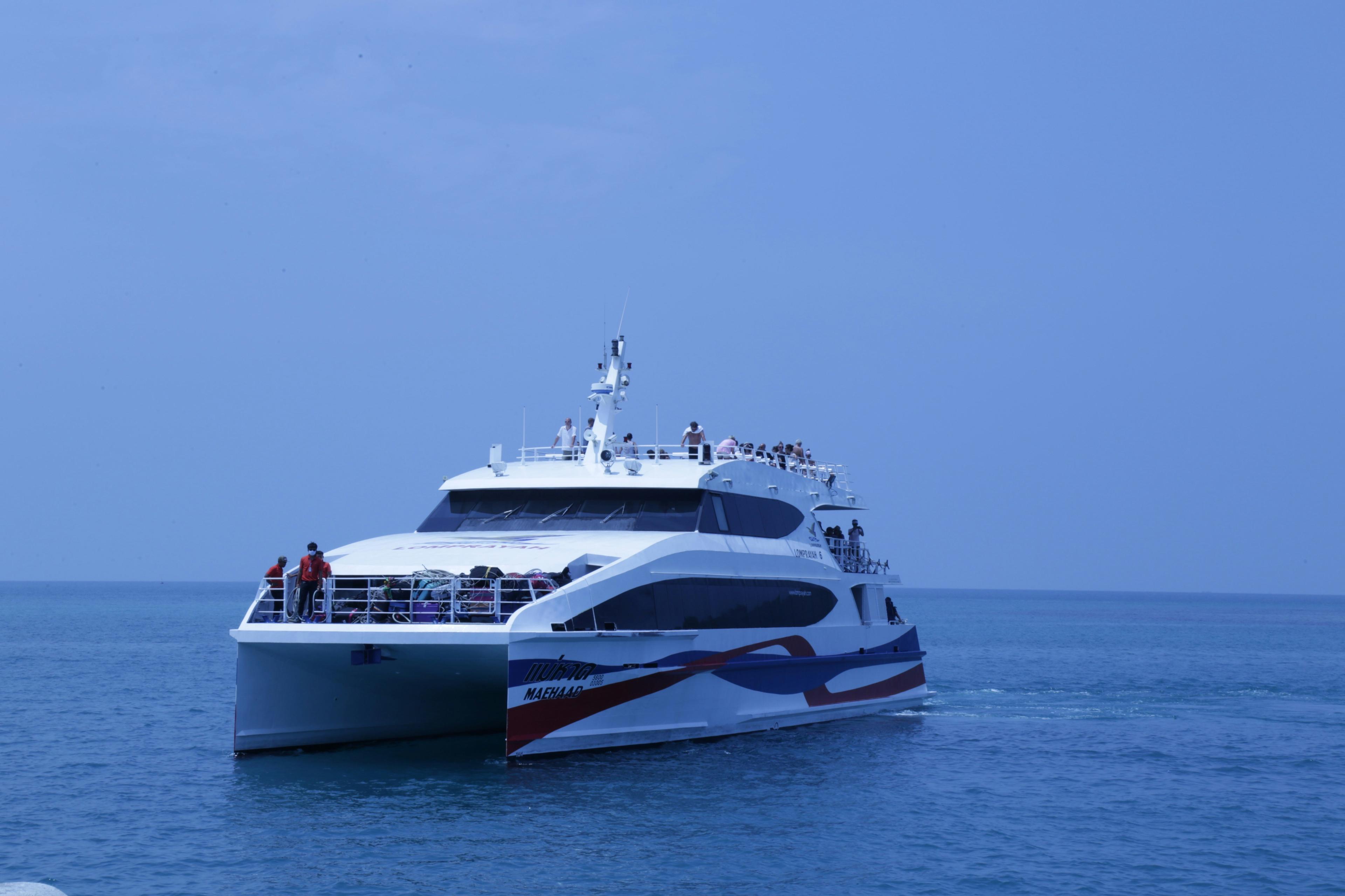 Catalina Express high-speed ferry crossing the Pacific Ocean toward Catalina Island on a clear day
