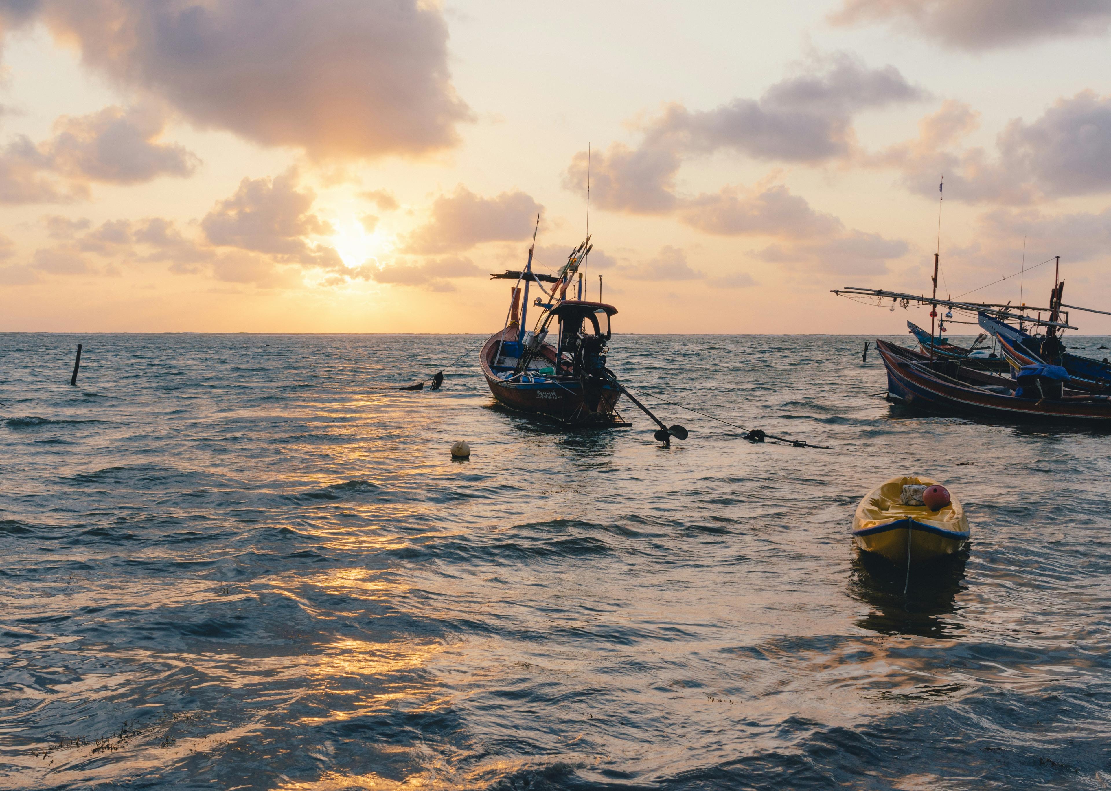 Sport fishing boat heading out to sea from Newport Harbor at sunrise