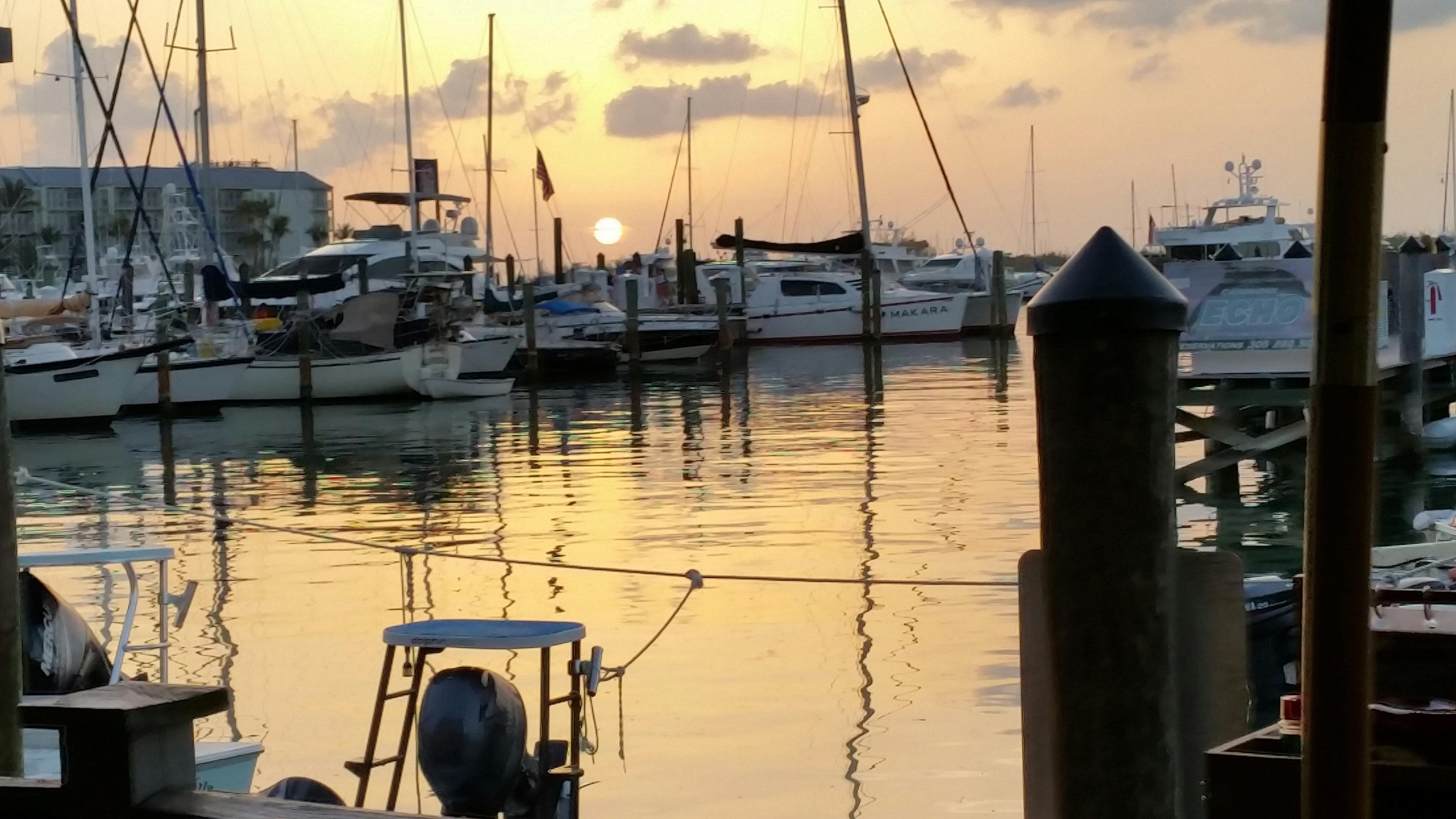 Newport Harbor at sunset with sailboats moored at yacht club docks and golden light on the water