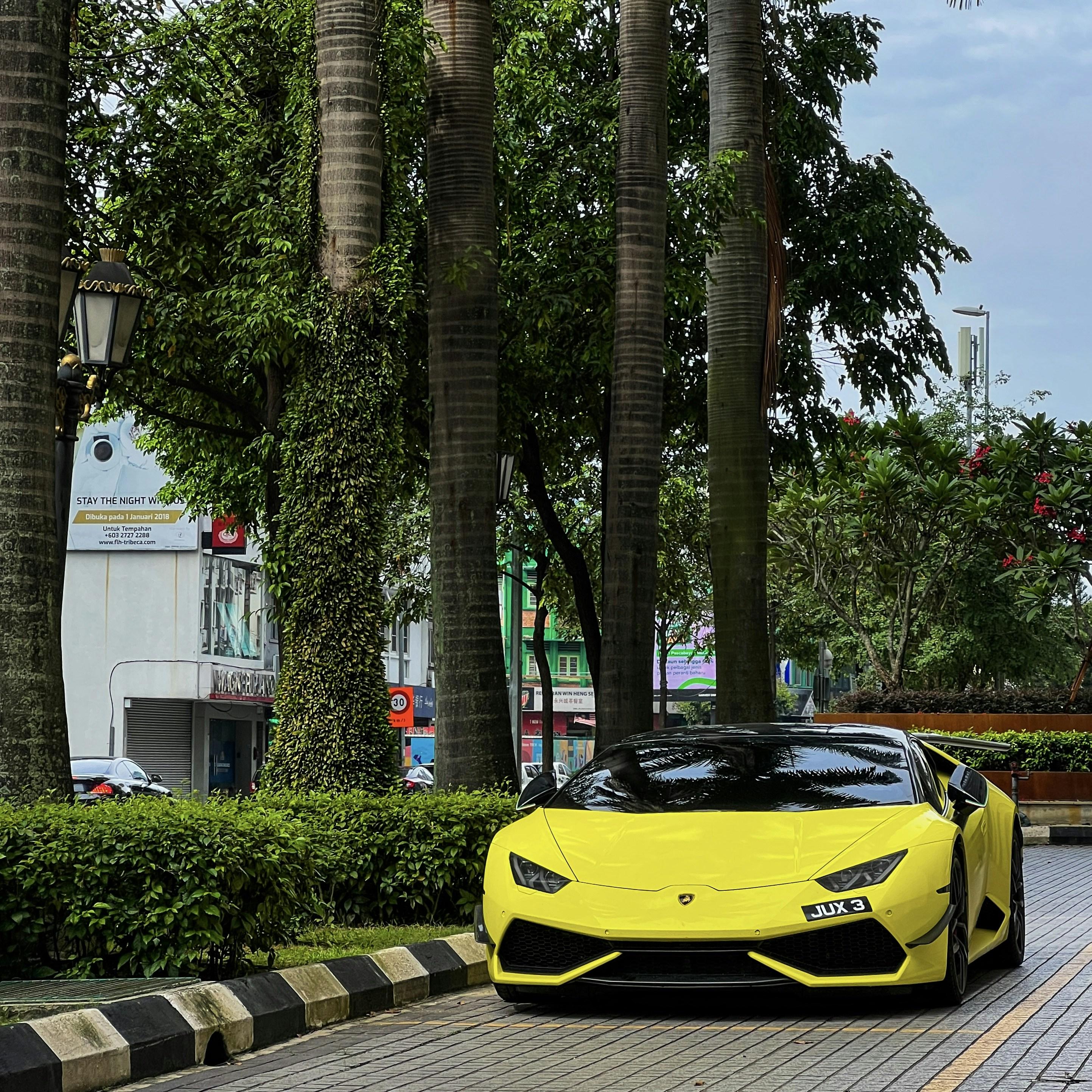 Bright yellow Lamborghini Huracán on Pacific Coast Highway with ocean views