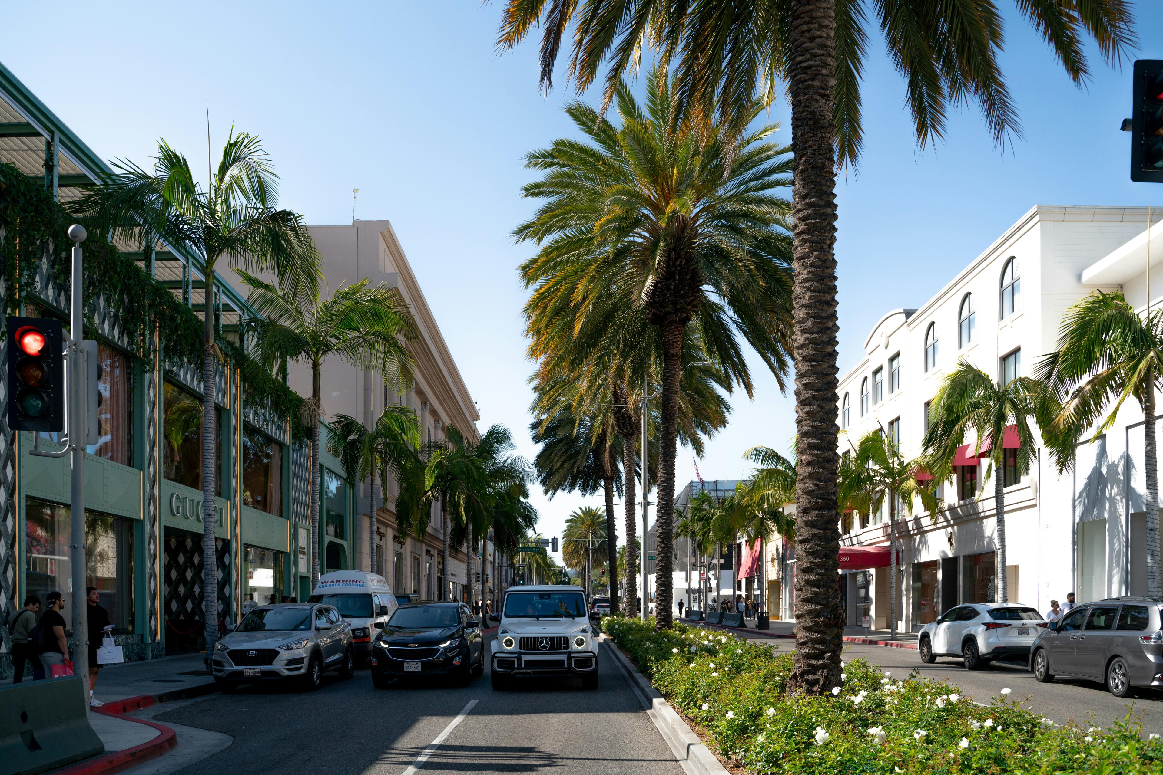 Fashion Island open-air shopping center with luxury boutiques, palm trees, and blue sky