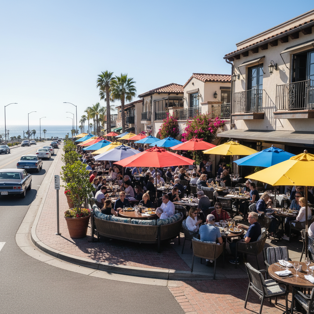 Corona del Mar Pacific Coast Highway restaurant row with outdoor dining
