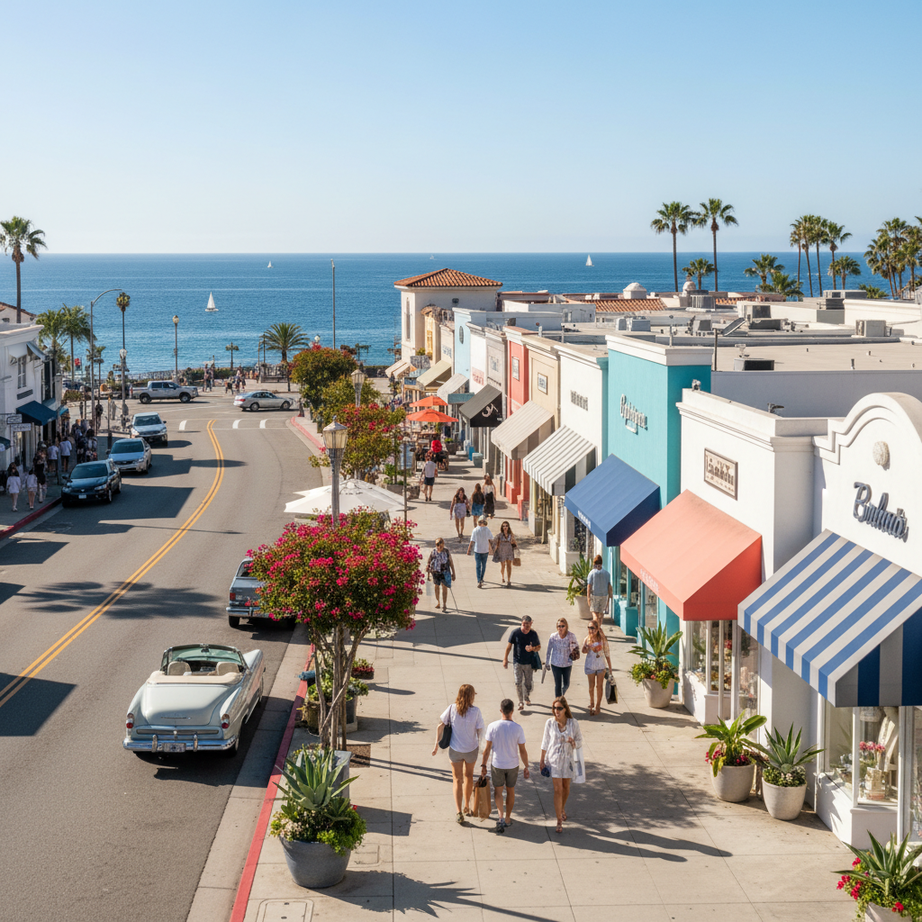Corona del Mar boutique shopping on Pacific Coast Highway with ocean views