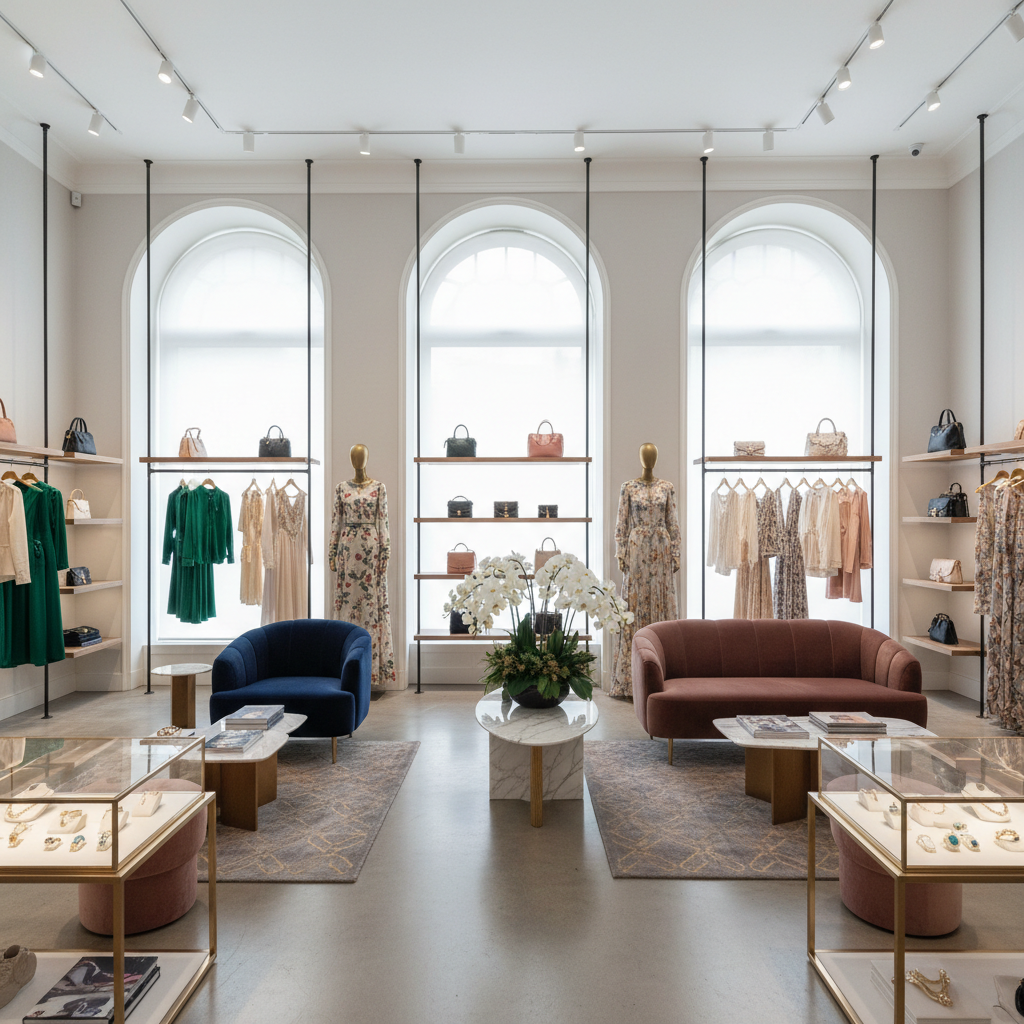 Upscale boutique interior with curated fashion and design objects on display