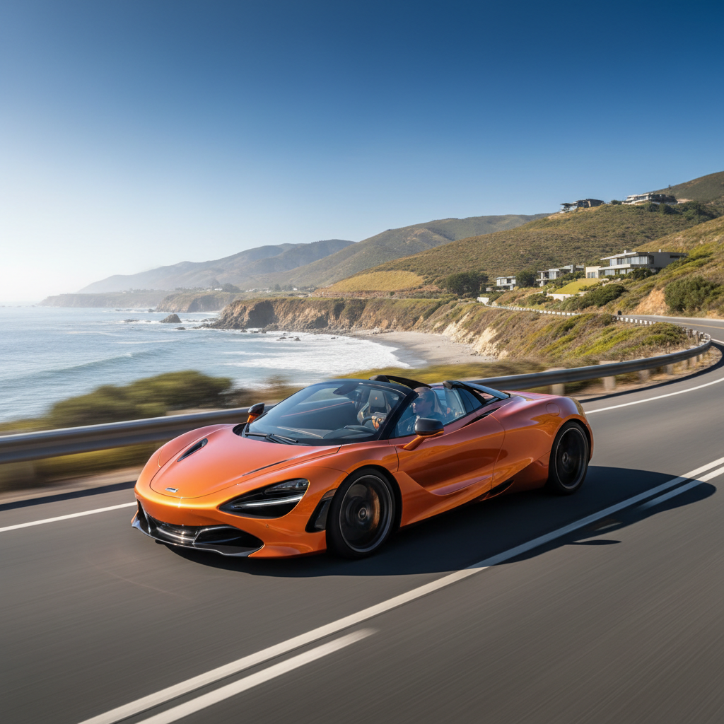McLaren 720S in orange on a scenic coastal highway