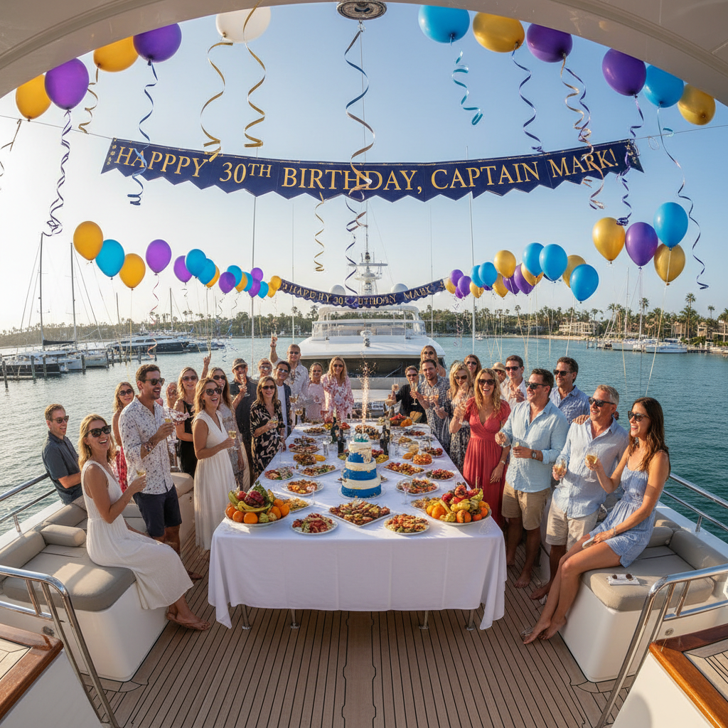 Duffy boat decorated for a birthday celebration on Newport Harbor with guests celebrating