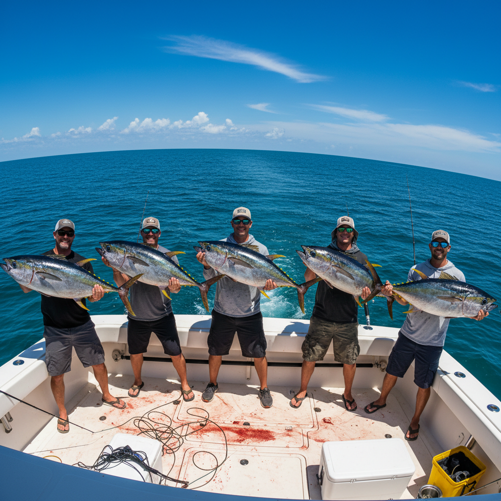Angler fighting a large bluefin tuna on a Newport Beach offshore fishing charter