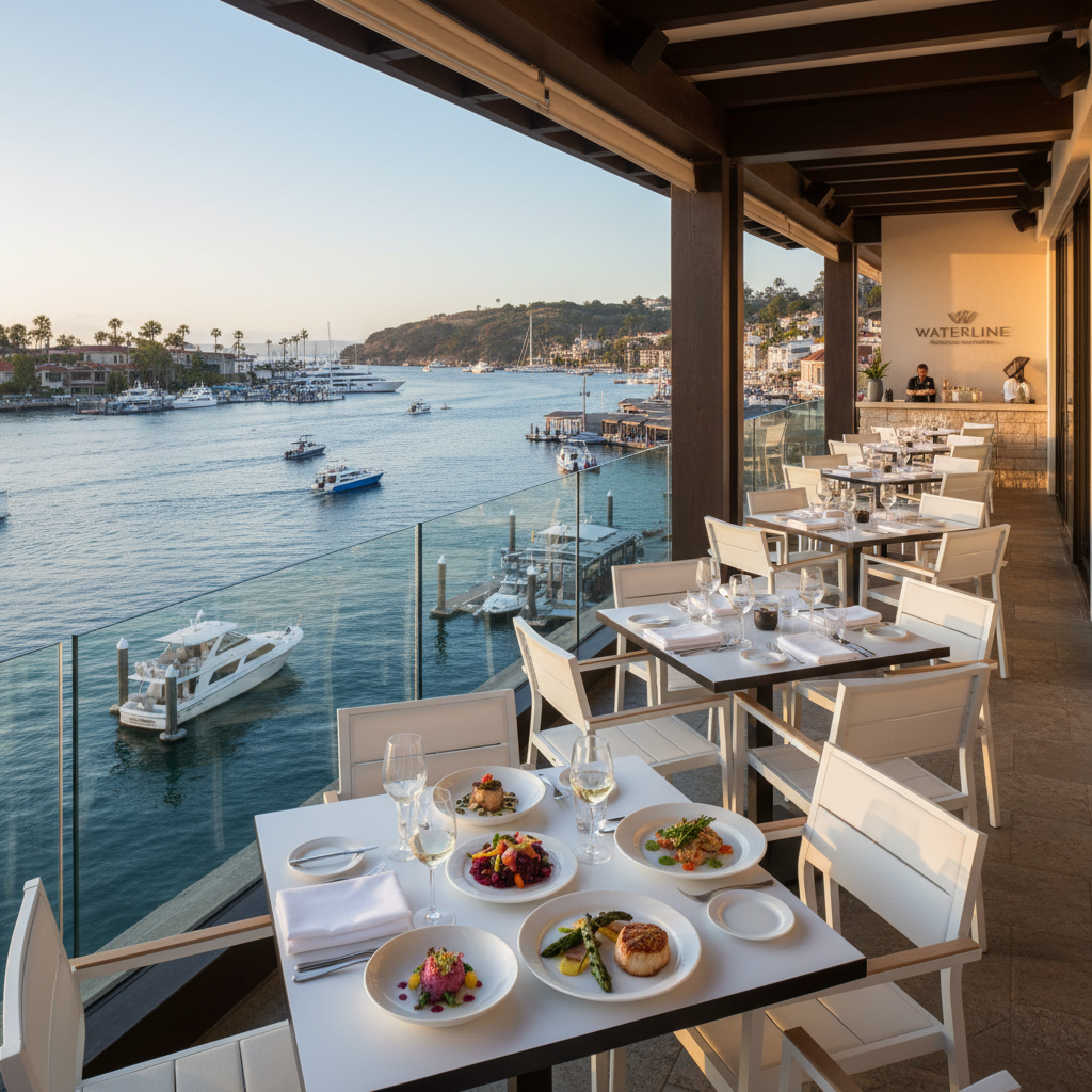 Elegant Newport Beach waterfront restaurant with harbor views and candlelit tables at dusk