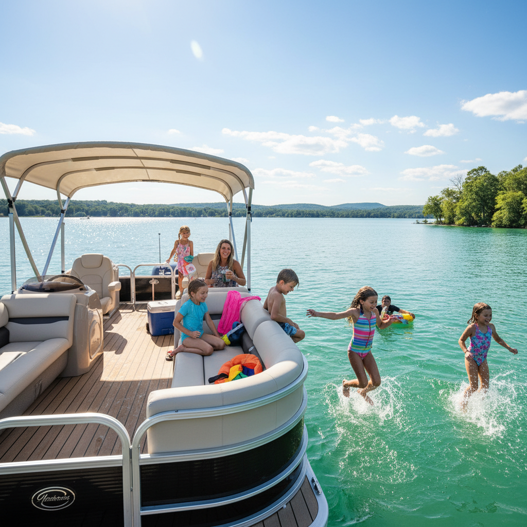 Pontoon boat on Newport Harbor with family aboard