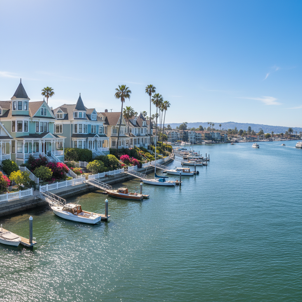 Balboa Island waterfront with charming Victorian cottages and harbor views