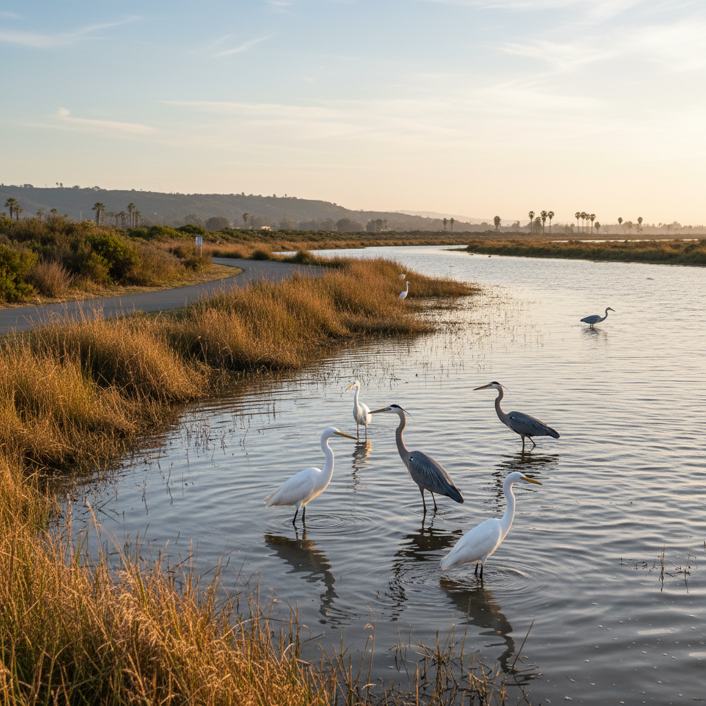 Newport Back Bay trail with egrets and herons in the wetlands