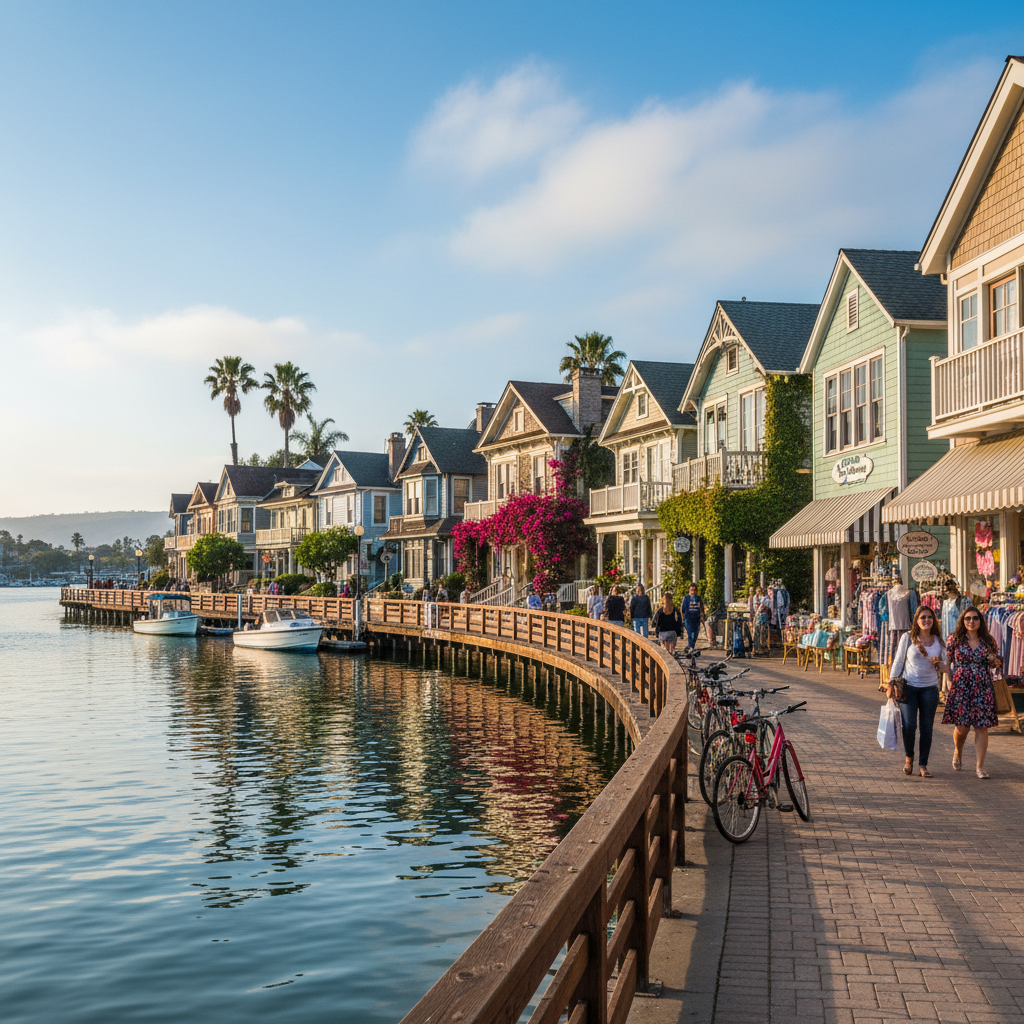 Balboa Island waterfront cottages and Marine Avenue boutiques
