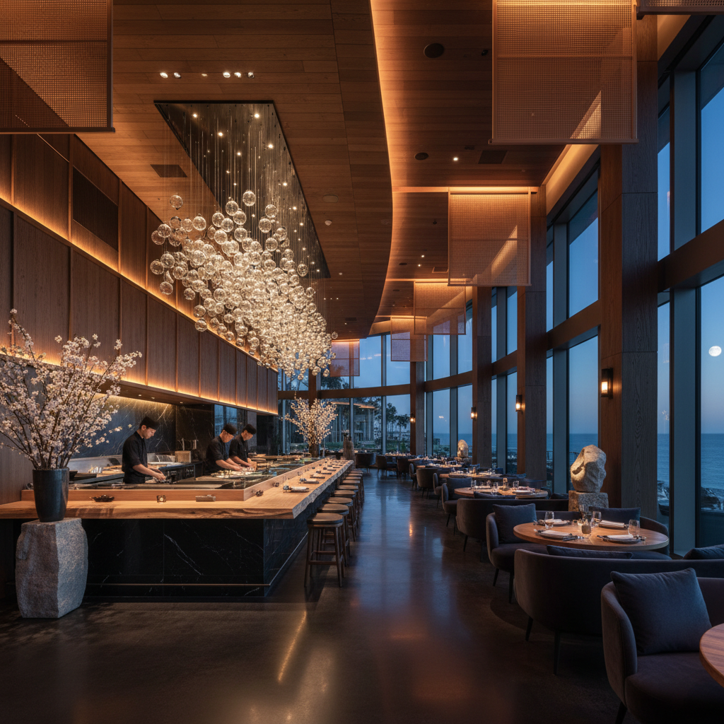 Nobu Newport Beach elegant Japanese fusion restaurant interior with dramatic lighting