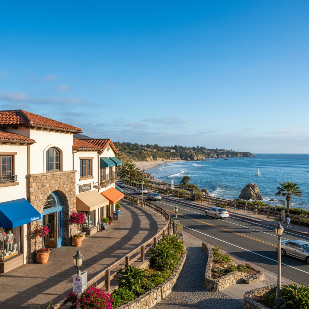 Corona del Mar village boutiques and ocean views from PCH