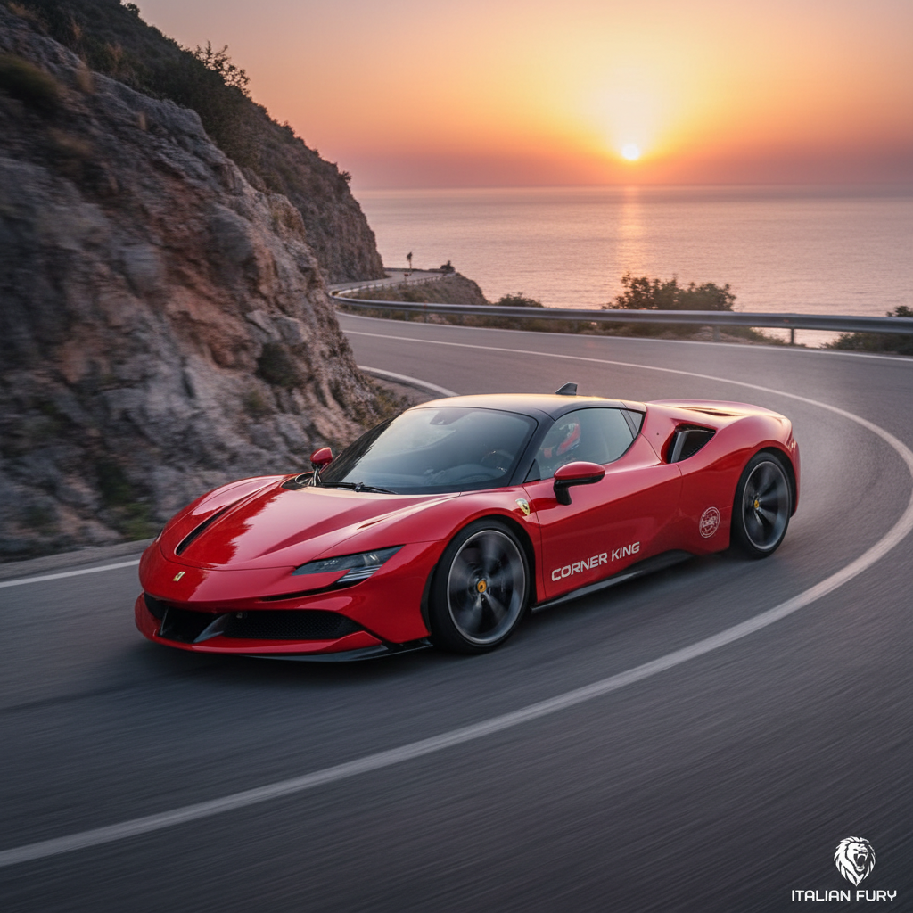 Red Ferrari Roma on a coastal road with the Pacific Ocean in the background