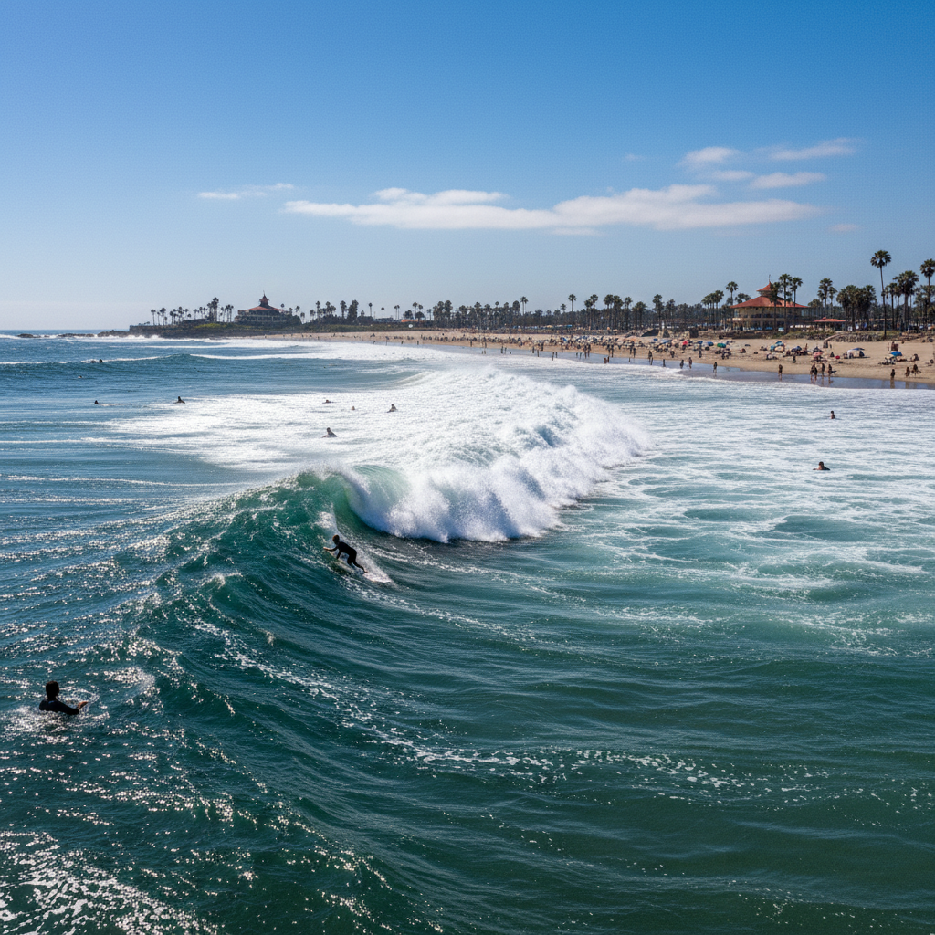 Balboa Peninsula beach with the famous Wedge surf break