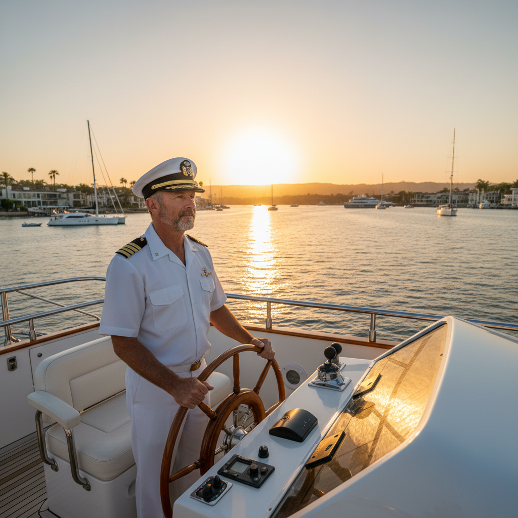 Private yacht captain at helm navigating Newport Harbor at sunset