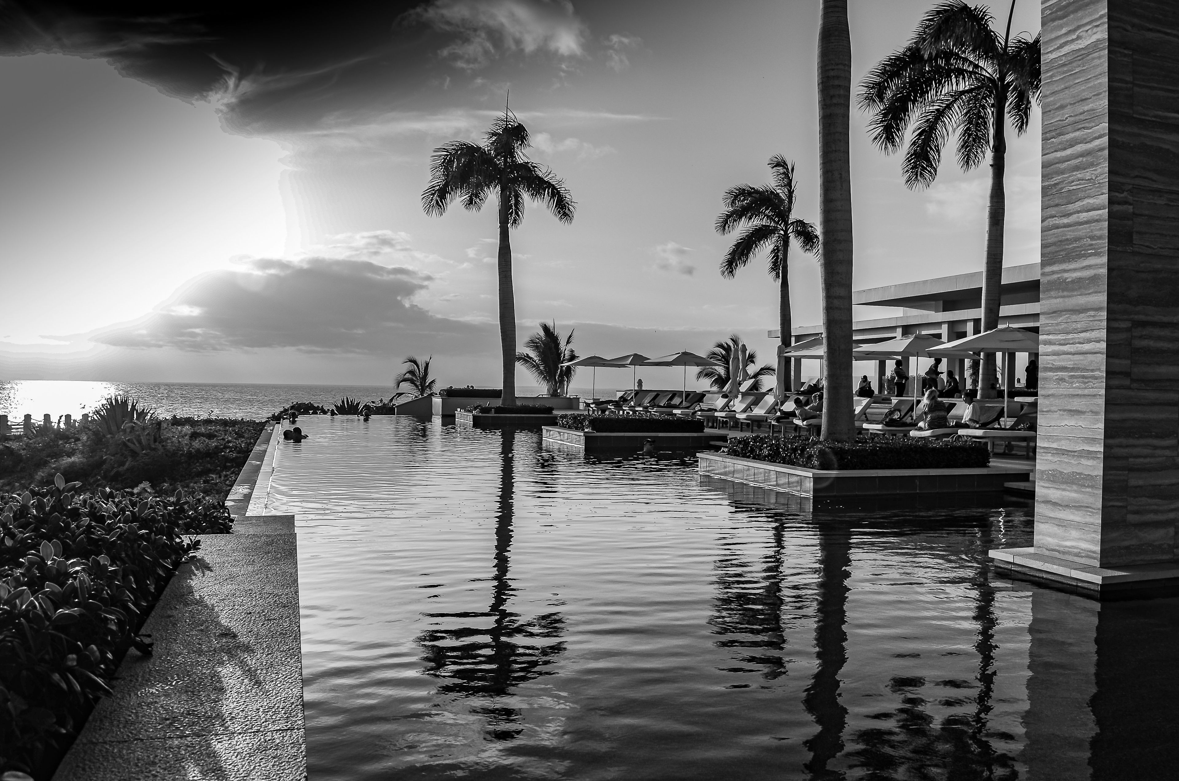 Luxury resort infinity pool with panoramic Pacific Ocean views at sunset in Newport Beach