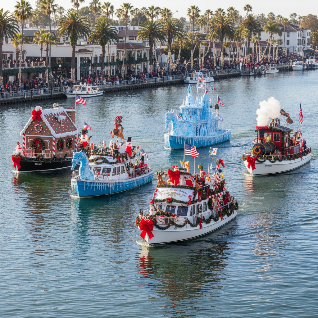 Newport Beach Christmas Boat Parade with brilliantly decorated and illuminated boats in Newport Harbor at night