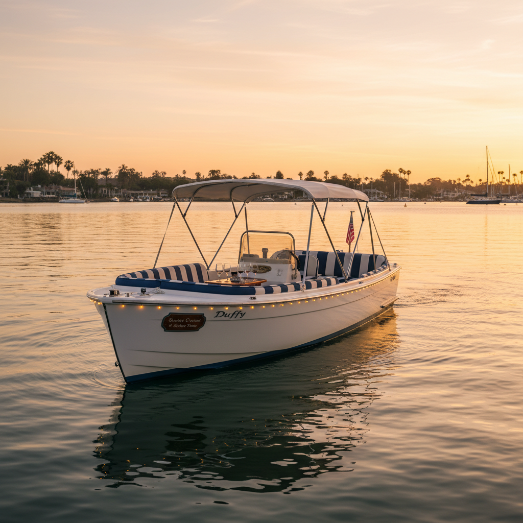 Duffy electric boat gliding through Newport Harbor at golden hour with waterfront estates in background