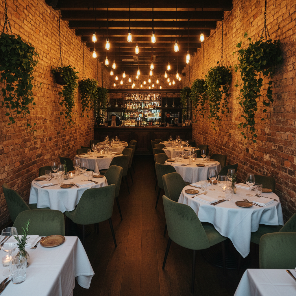 Intimate chef-driven restaurant interior with warm lighting and elegant table settings