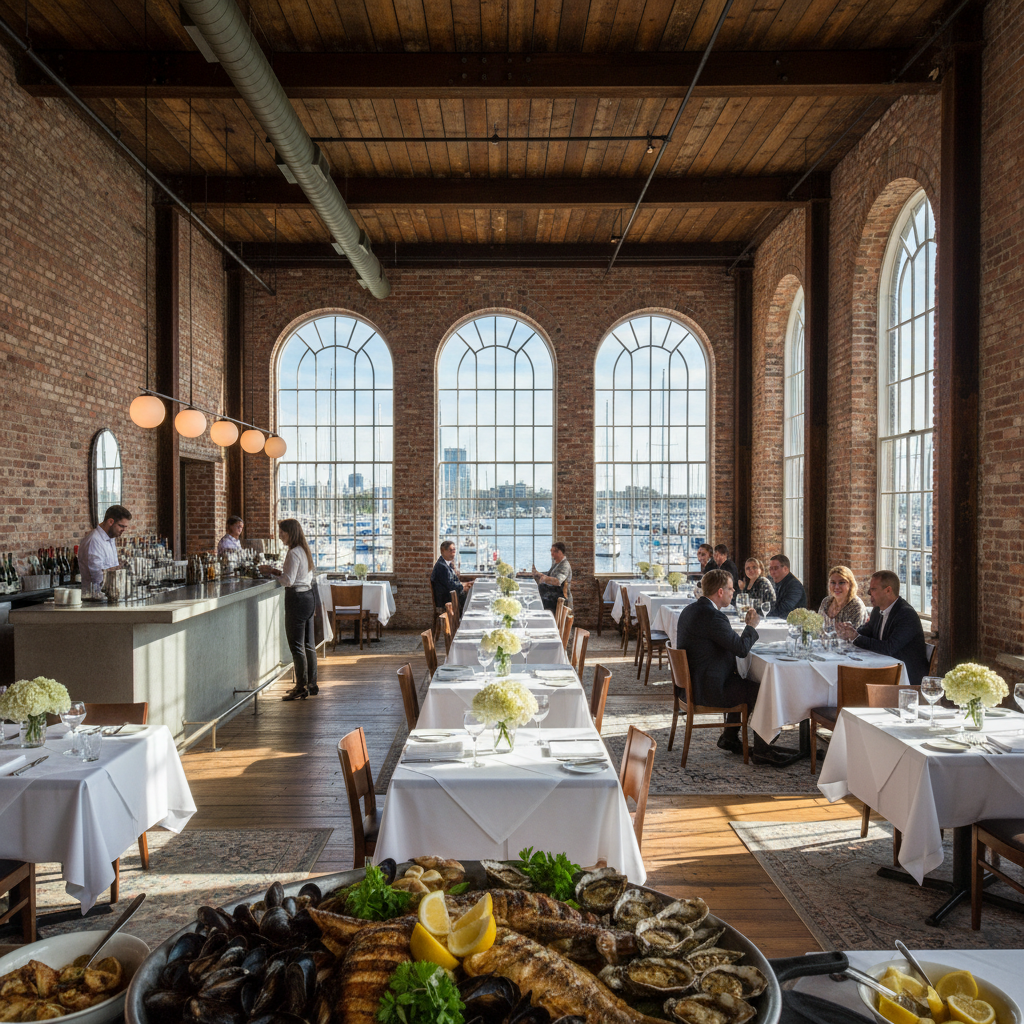 Elegant Newport Beach waterfront restaurant with harbor views and candlelit tables at dusk
