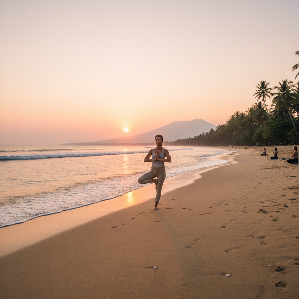 Woman doing yoga on Newport Beach at sunrise with the Pacific Ocean in the background