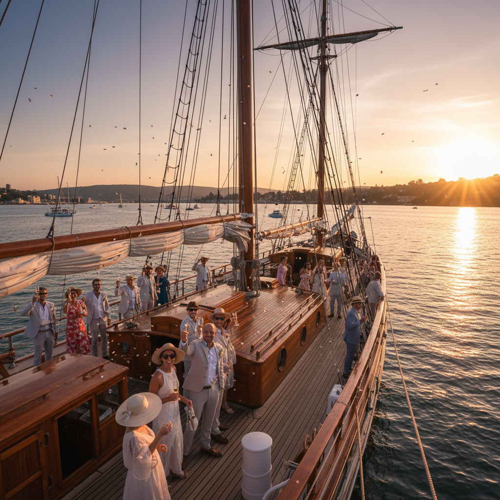 Professional private yacht captain at the helm navigating Newport Harbor at sunset with guests relaxing on deck