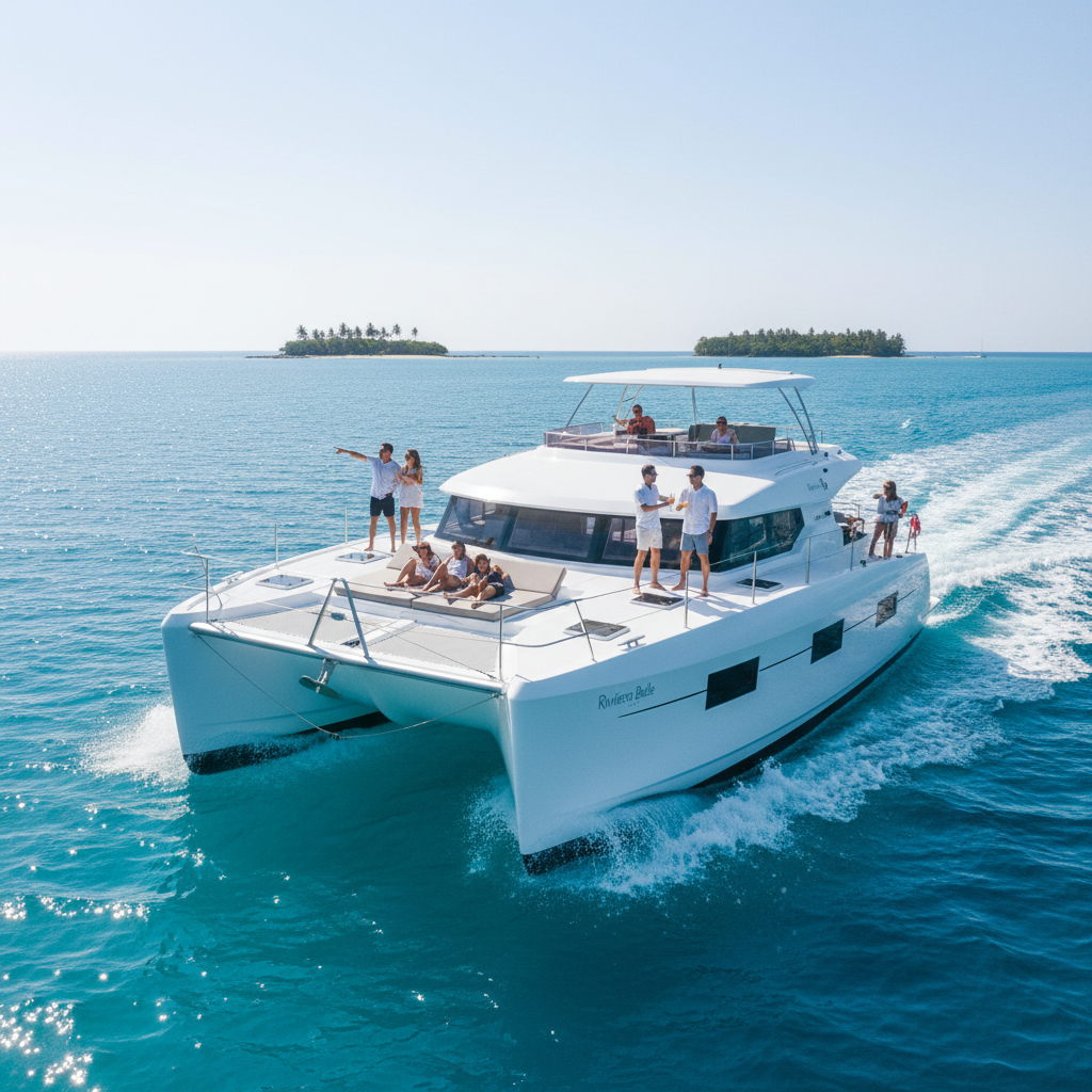 Private charter yacht sailing toward Catalina Island on a clear day with blue Pacific waters