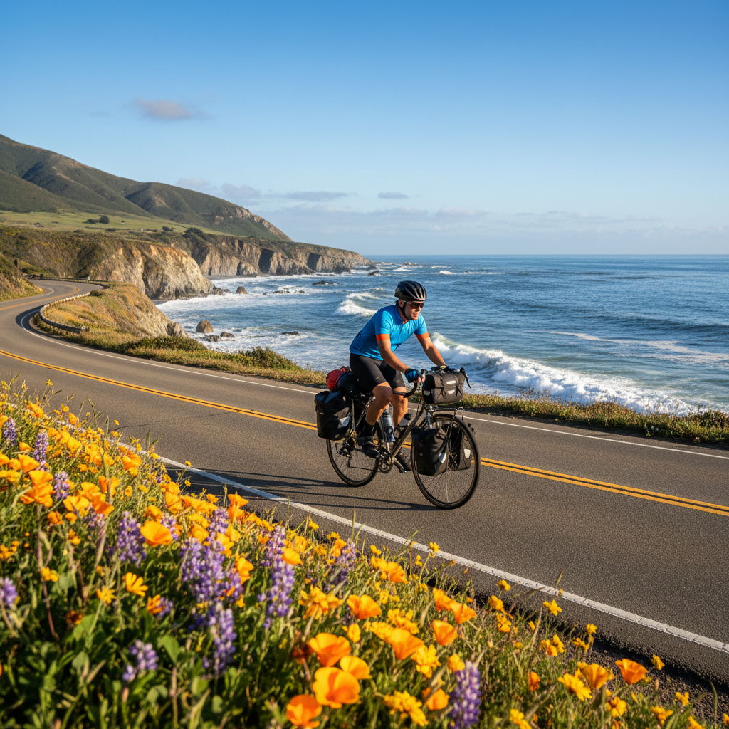 Cyclist on Pacific Coast Highway with ocean views heading toward Crystal Cove